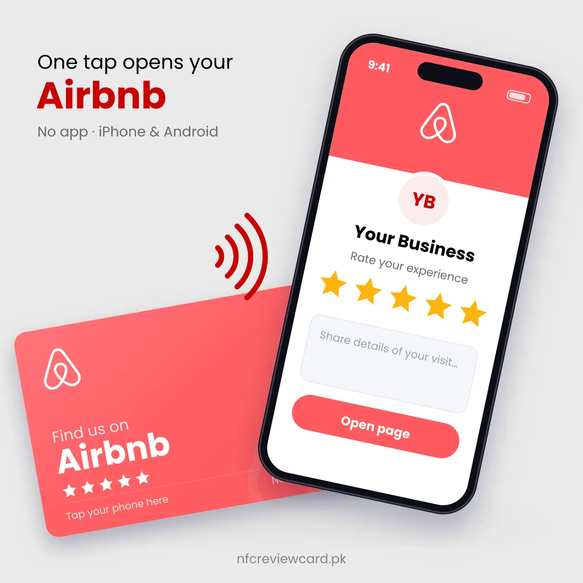 Phone tapping the Airbnb NFC Card to open the Airbnb listing