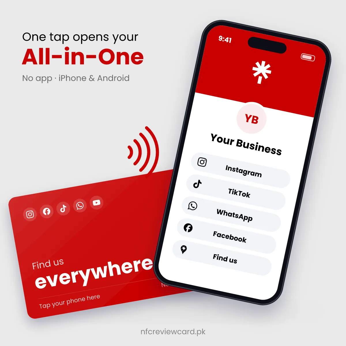 Phone tapping the All-in-One Social Media NFC Card to open the link page