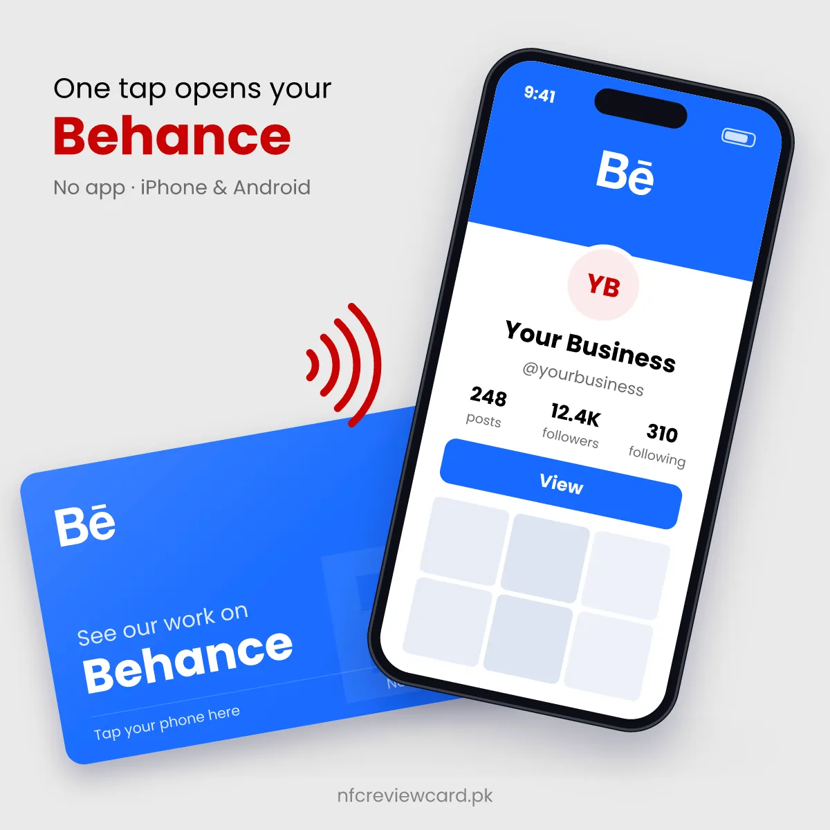Phone tapping the Behance NFC Card to open the Behance portfolio