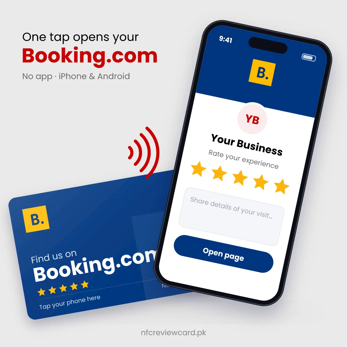 Phone tapping the Booking.com NFC Card to open the Booking.com property page