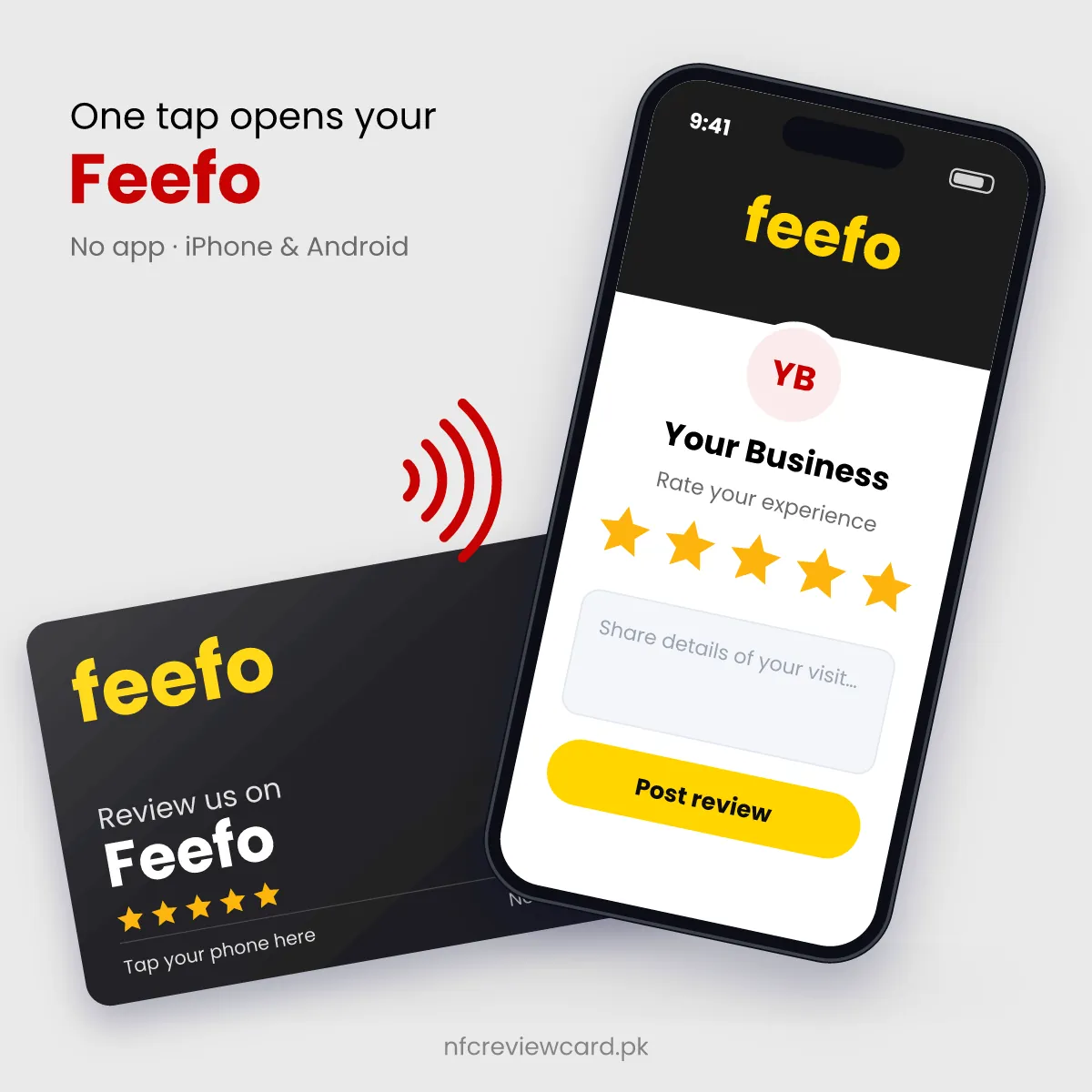 Phone tapping the Feefo Review NFC Card to open the Feefo page