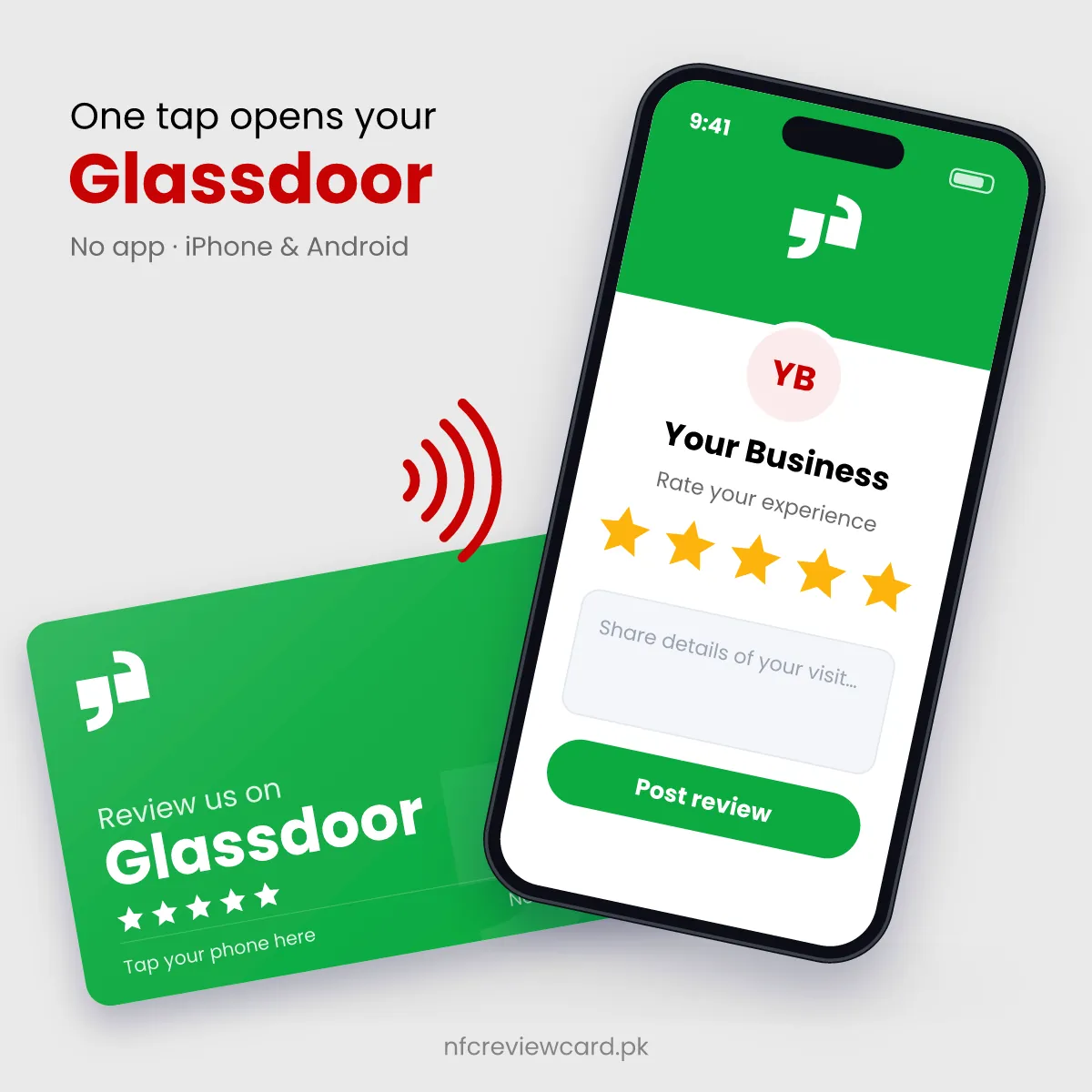 Phone tapping the Glassdoor NFC Card to open the Glassdoor company page