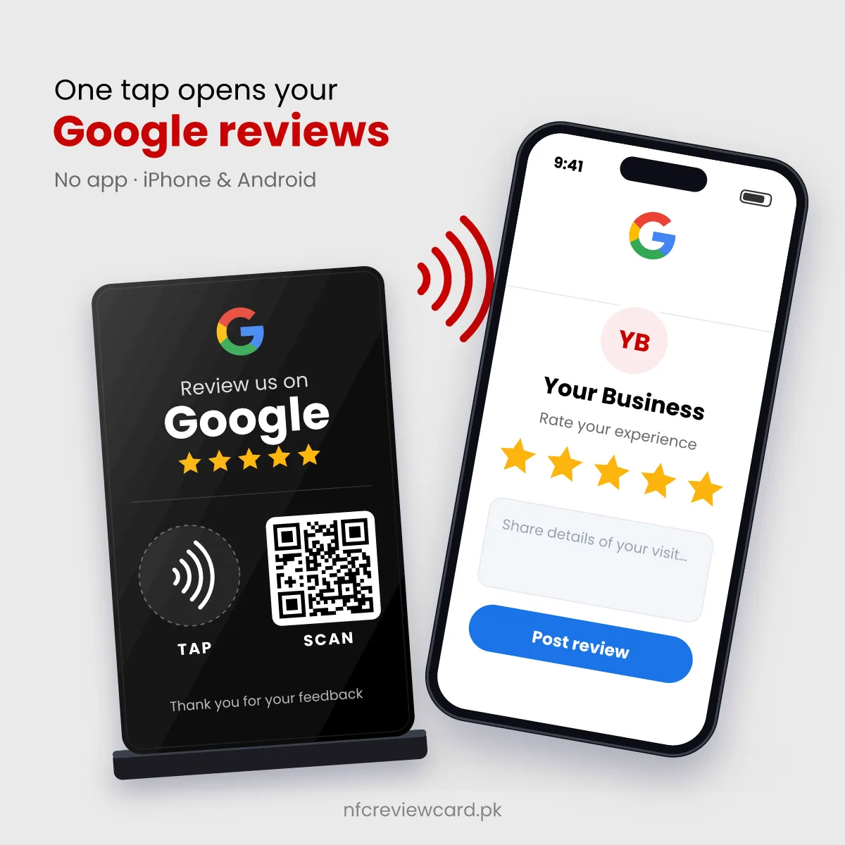 Phone tapping the Google Review NFC Standee to open a Google review page