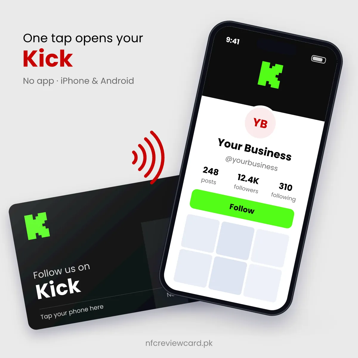 Phone tapping the Kick NFC Card to open the Kick channel