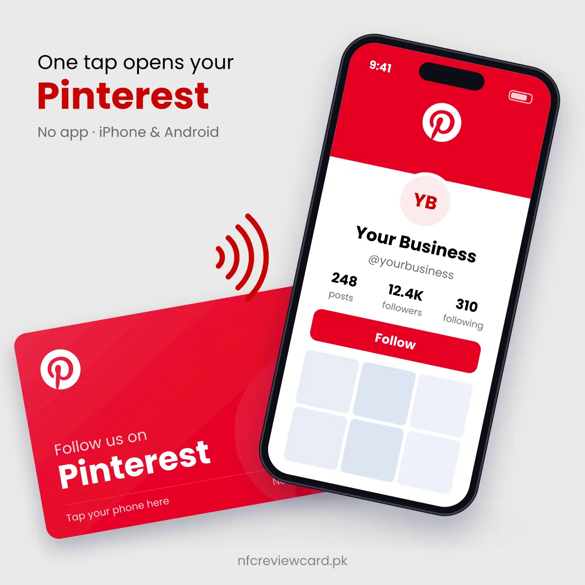 Phone tapping the Pinterest NFC Card to open the Pinterest profile