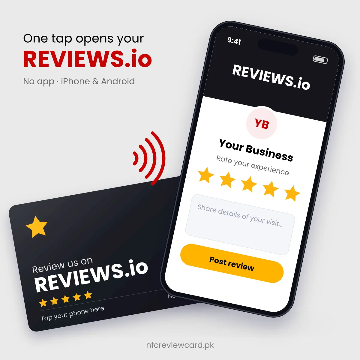 Phone tapping the REVIEWS.io NFC Card to open the REVIEWS.io page