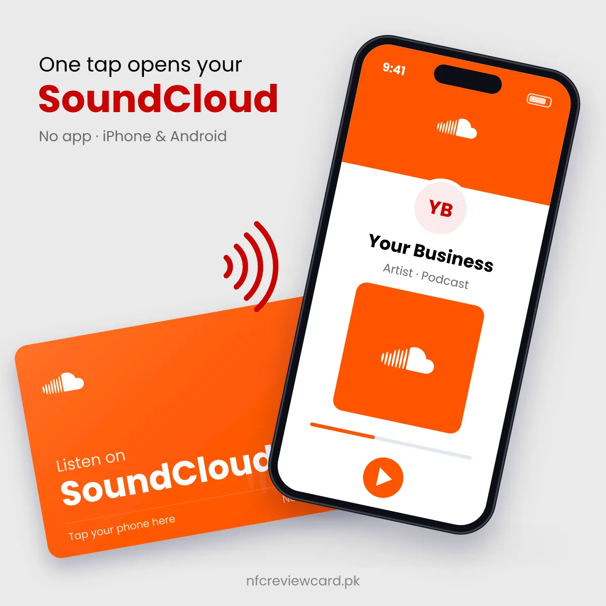 Phone tapping the SoundCloud NFC Card to open the SoundCloud profile