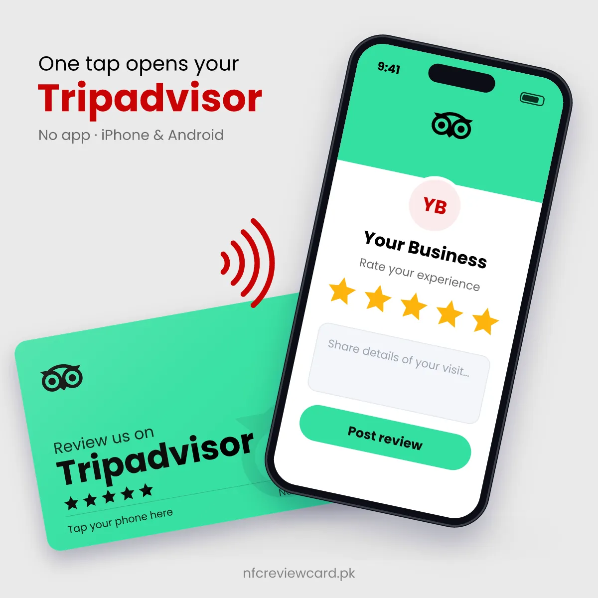 Phone tapping the Tripadvisor Review NFC Card to open the Tripadvisor review page