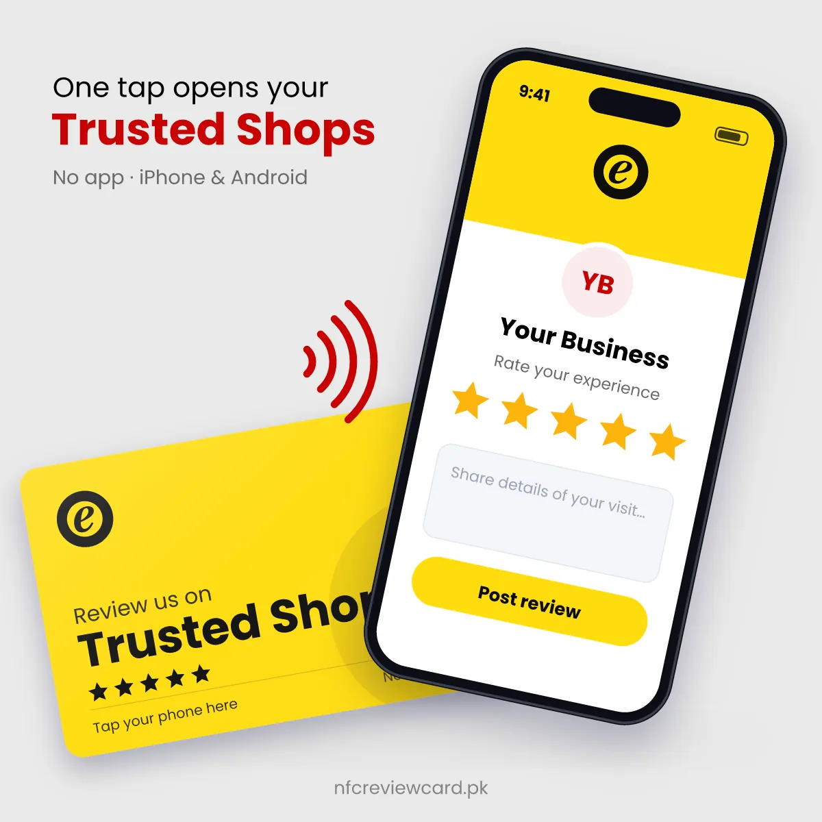 Phone tapping the Trusted Shops NFC Card to open the Trusted Shops profile