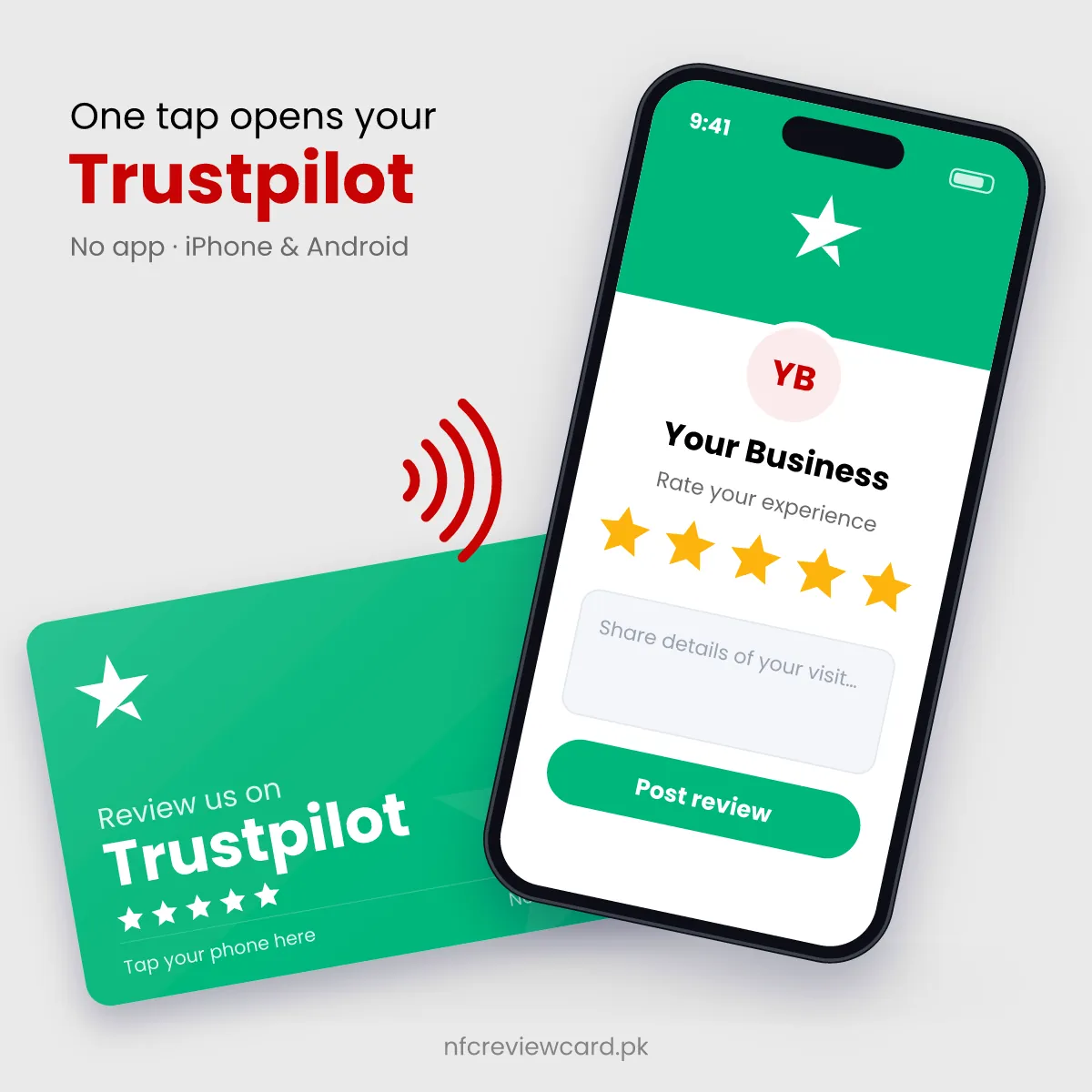 Phone tapping the Trustpilot Review NFC Card to open the Trustpilot review page