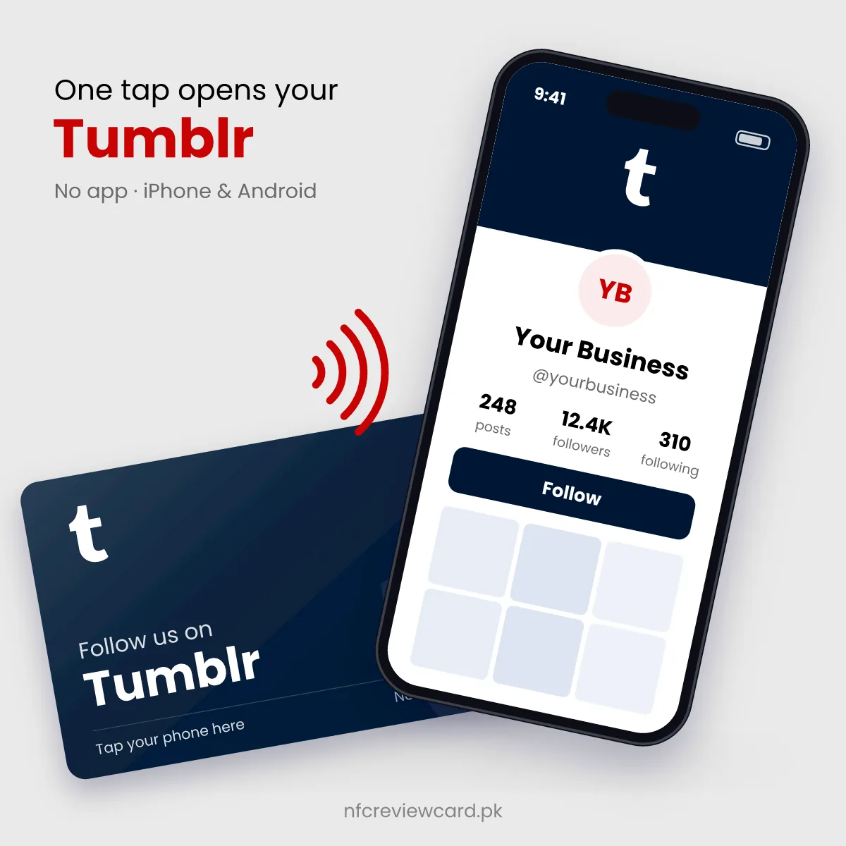 Phone tapping the Tumblr NFC Card to open the Tumblr blog