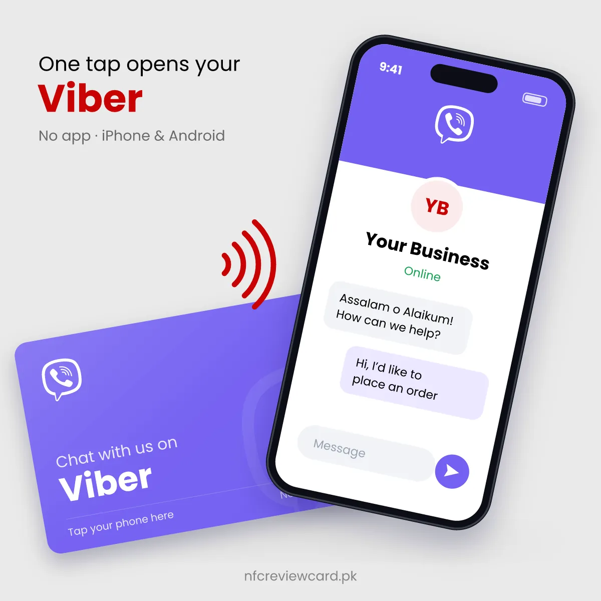 Phone tapping the Viber NFC Card to open the Viber chat