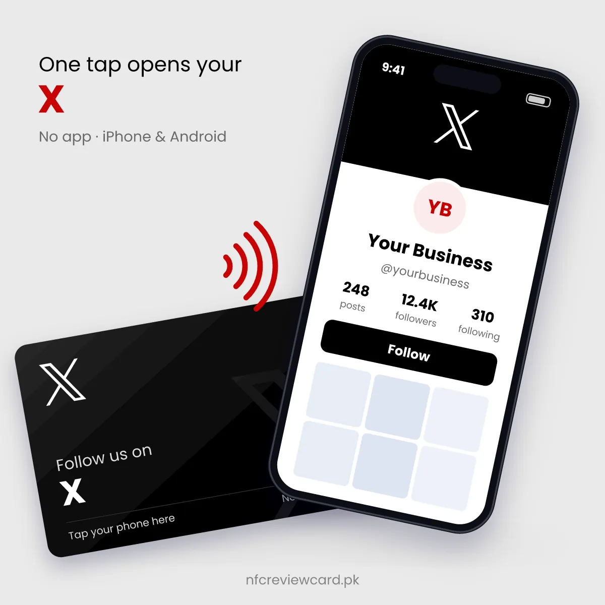 Phone tapping the X (Twitter) NFC Card to open the X profile